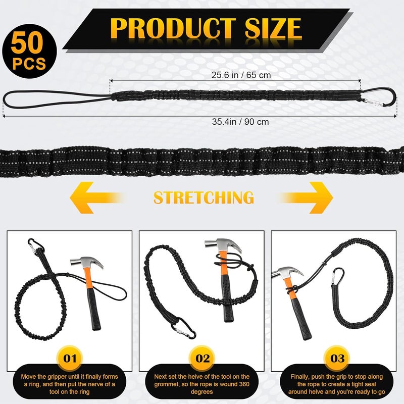 LEIFIDE 50 Pcs Tool Lanyard Standard Length Safety Tool Leash 17.6lb 8kg Tough Adjustable Fall Protection Tether with Aluminum Screw Lock Buckle, Shock Cord Stopper and Retractable Loop End, Black - Image 3